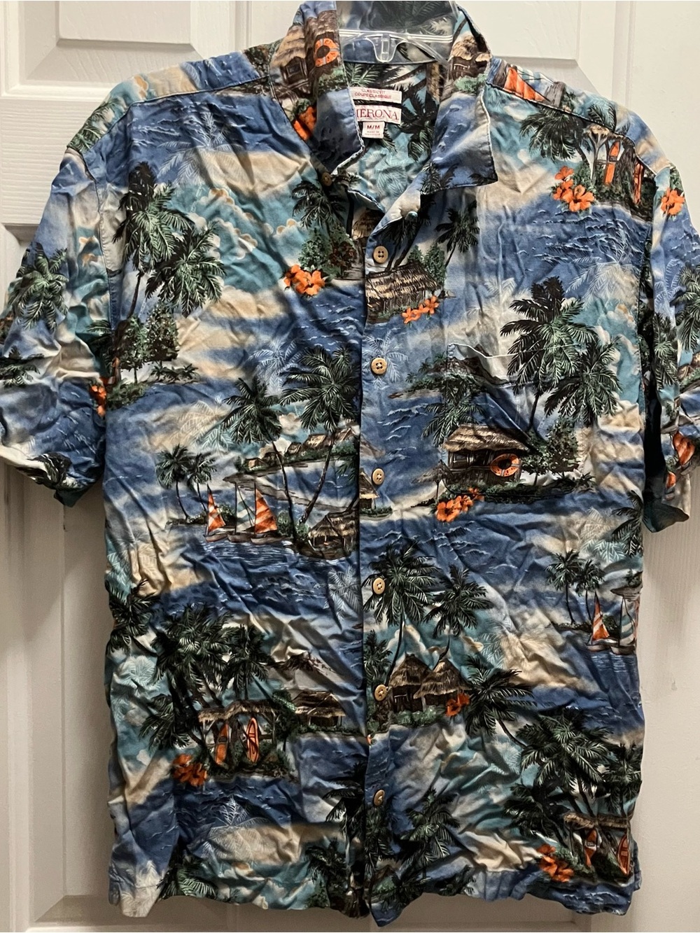 Merona Hawaiian Shirt Pacific Islander Hut and Surf Shack print Men’s size M